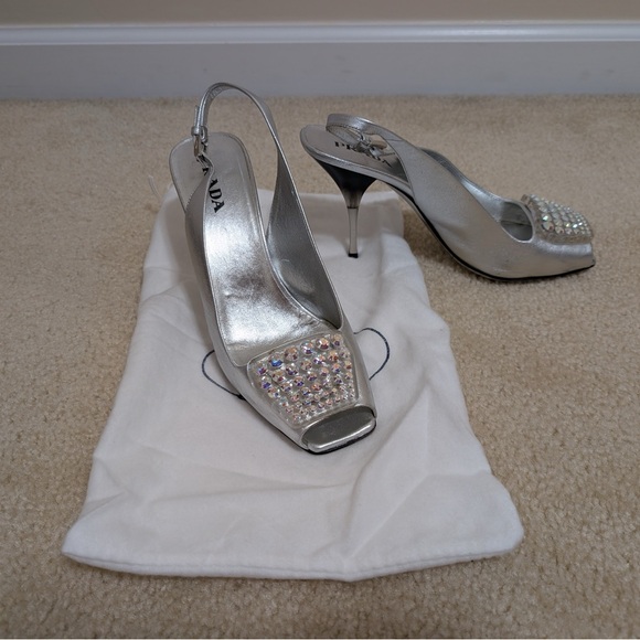 Prada silver leathers size 8 sling back heel with rhinestone embelishment. - Picture 5 of 13